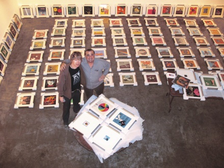 Alex Steinweiss exhibit at the Berman Gallery with Kevin Reagan (L) and Robert Berman (R)